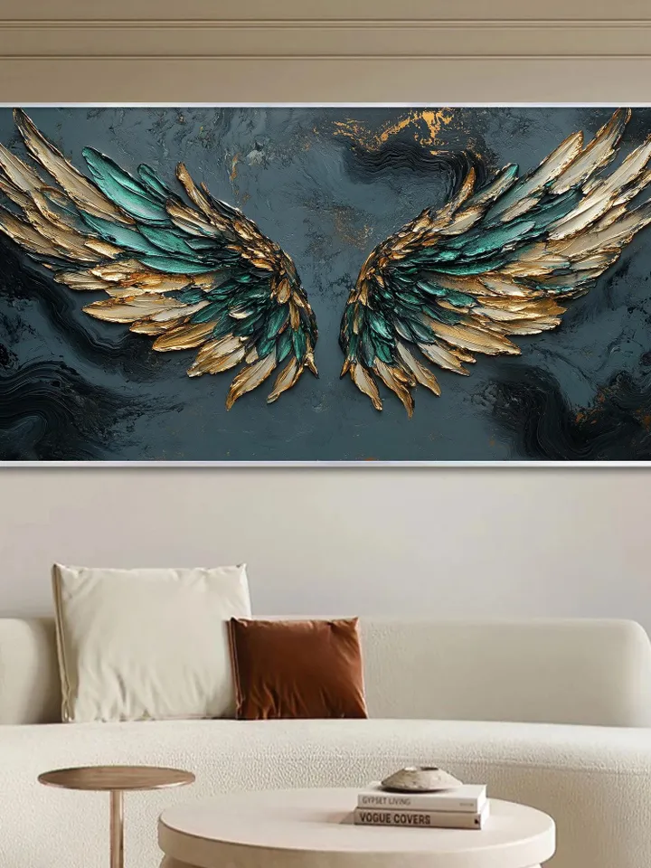 Large Emerald Green & Gold Angel Wings Impasto Painting, Textured 3D Wall Art, Original Abstract Art, Unique Home Decor, Office Wall Decor