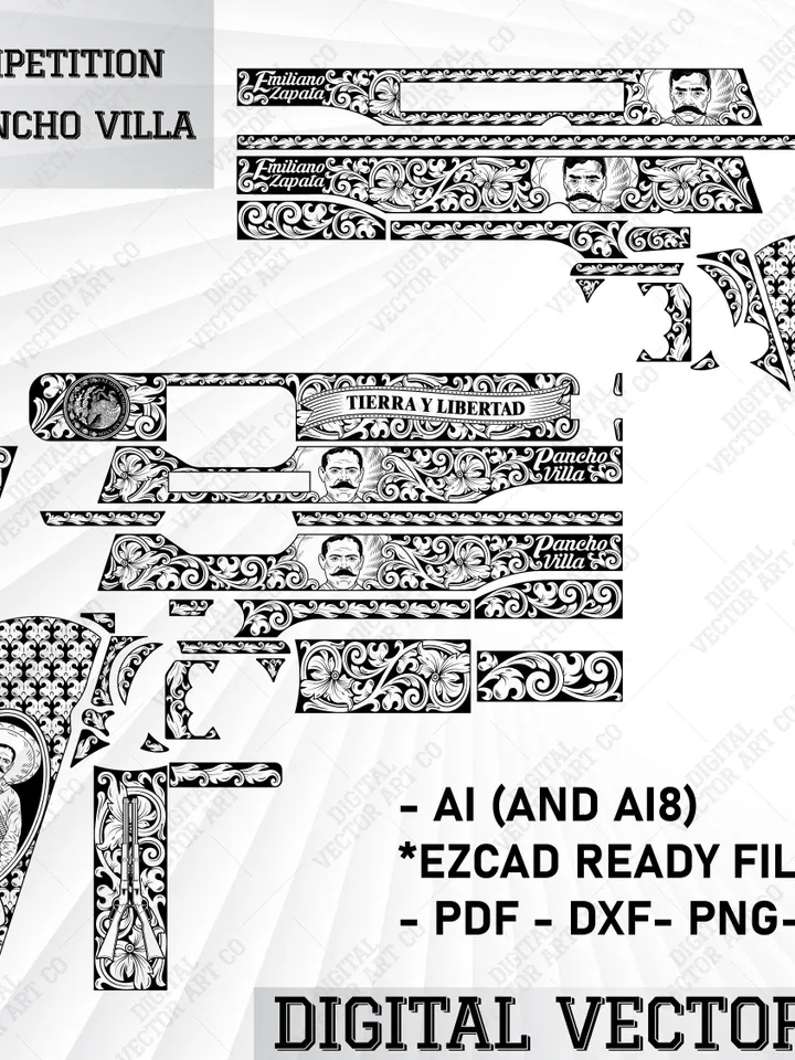 Colt 1911 Competition Zapata and Pancho Villa Scrollwork Vector Design for Laser Engraving