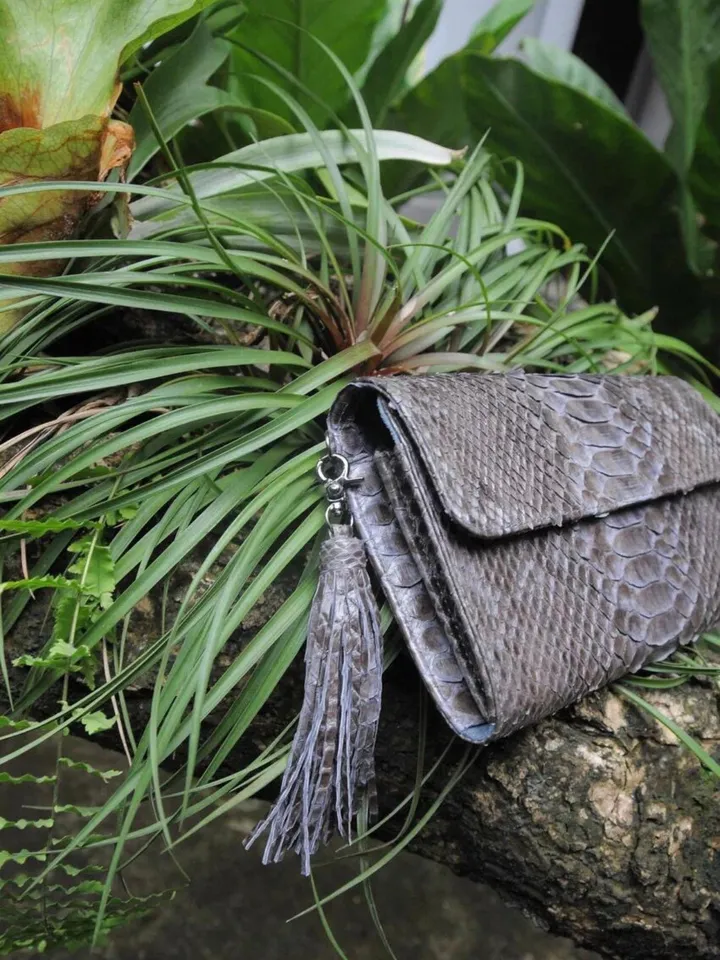Genuine python skin classy gray flat clutch with shoulder chain | elegant evening women purse | designer leather bags | small snake bag