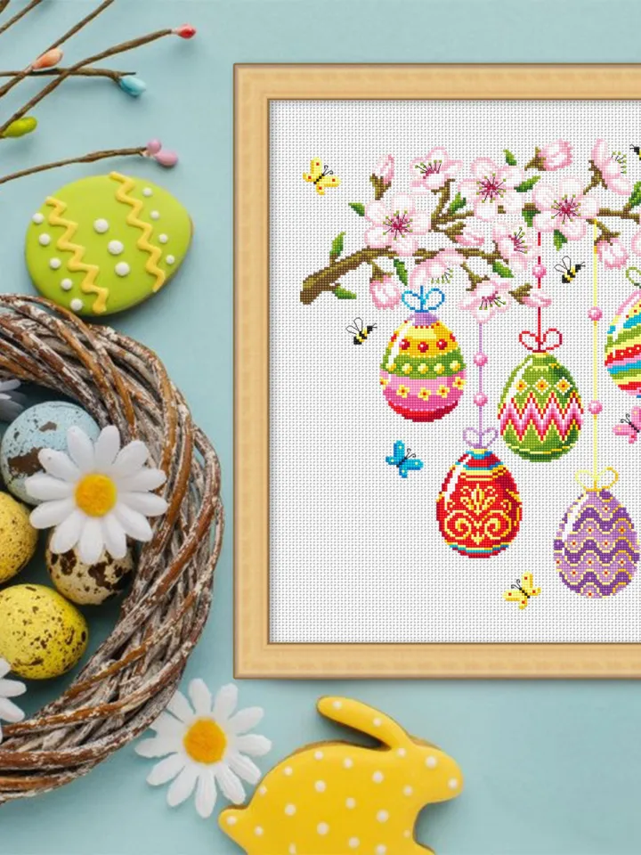 Happy Easter cross stitch pattern PDF download Easter eggs cross stitch chart, Spring pattern digital PDF, Cherry blossoms cross stitch #T45