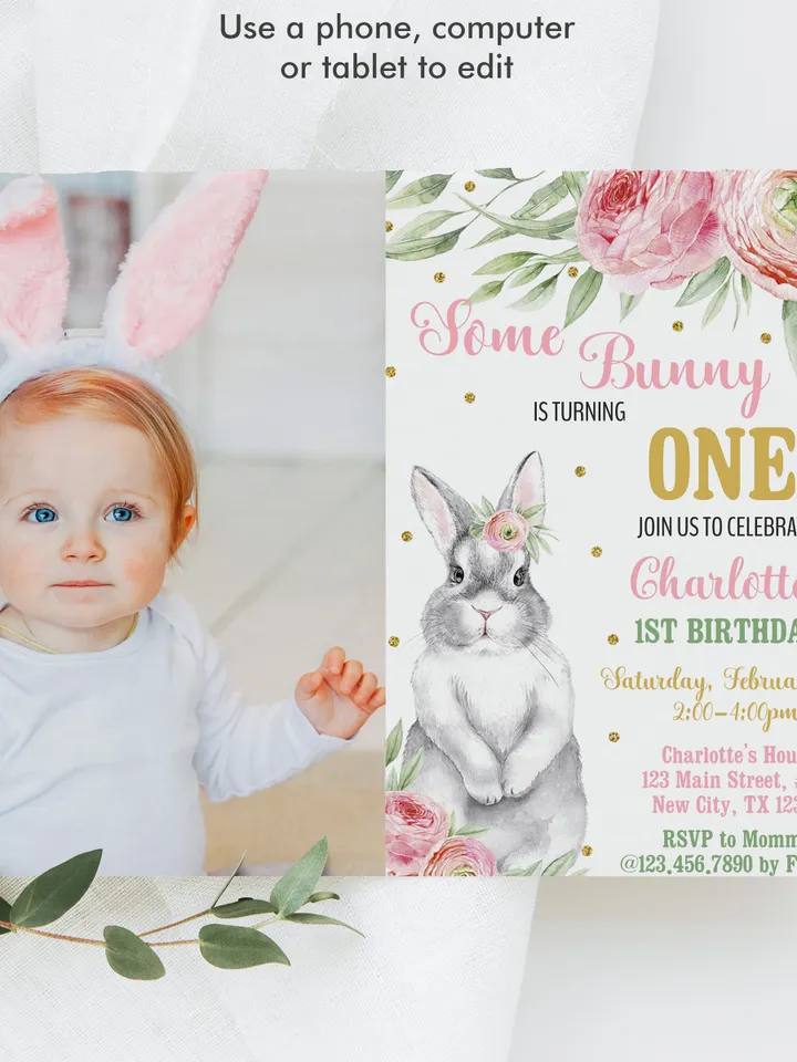 Bunny Birthday Invitation Girl 1st Birthday Invitation, Some Bunny Birthday Invitation with photo Instant Download, Editable Template