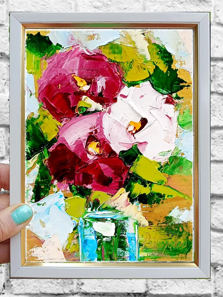 Peonies in Vase painting Flowers original oil painting Small Original art Peony wall art Pink peonies artwork Floral New home gifts 7x5 in