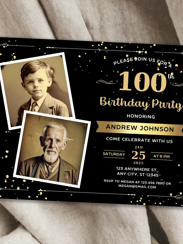100th Birthday invitation with Photo | Adult Birthday Photo Invite | Mens birthday Black Gold landscape invitation card | Canva template