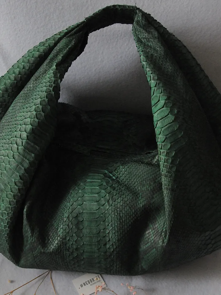 Big Soft Hobo Classy Sport Woman Bag | Purse Genuine Python Skin | Python Skin Products | Green Big Elegant Leather Designer Soft Bag Snake