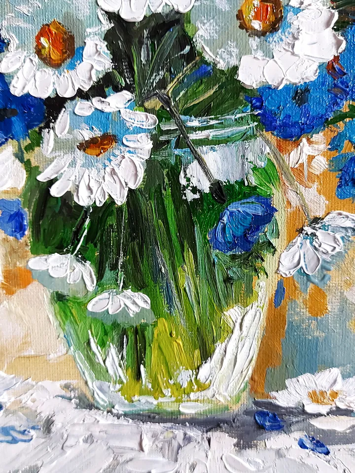 Original oil painting Daisies and cornflowers Bouquet of wildflowers 12" by 12" (30x30cm) by OilPaintingNatali