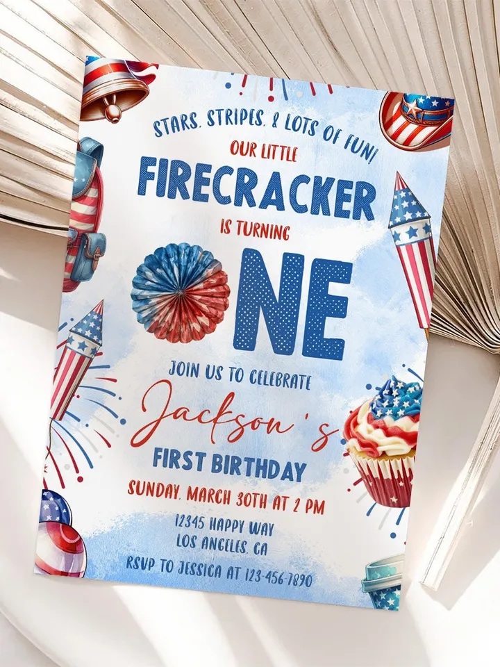 Firecracker birthday invitation, Our little firecracker is turning one, 1st birthday boy invite, Editable template Instant download