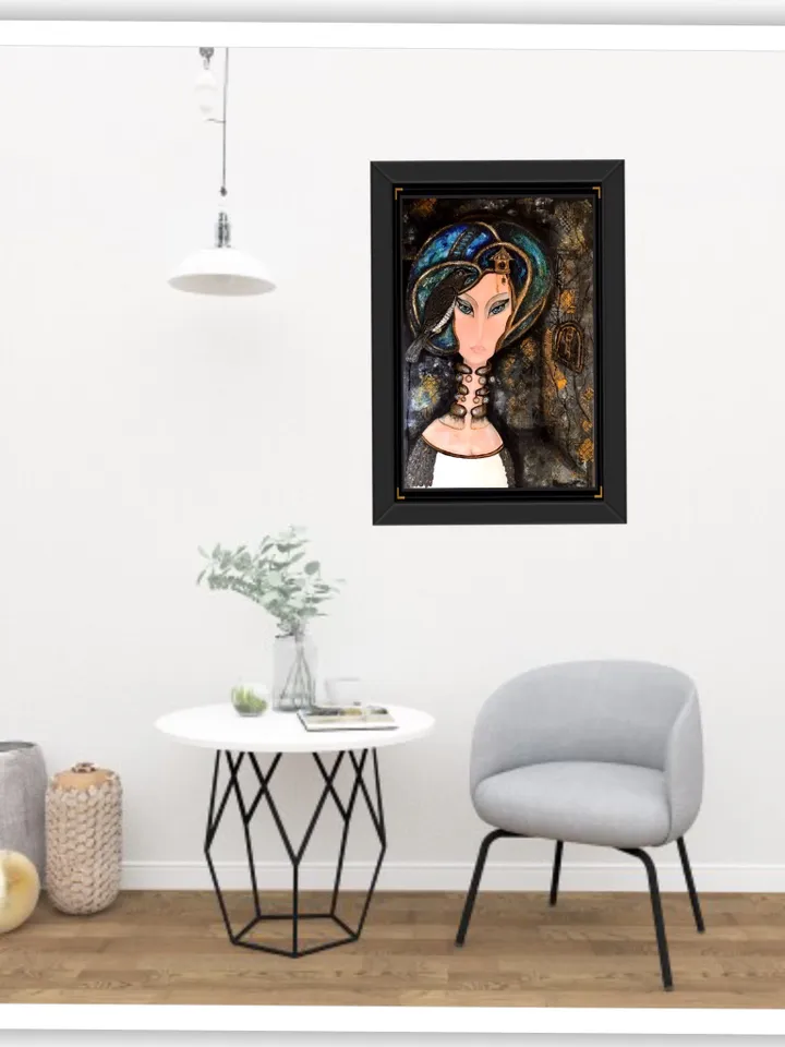 Woman portrait painting,Fantasy portrait of a woman with watches and magpie,collage background,acrylic on stretched canvas.