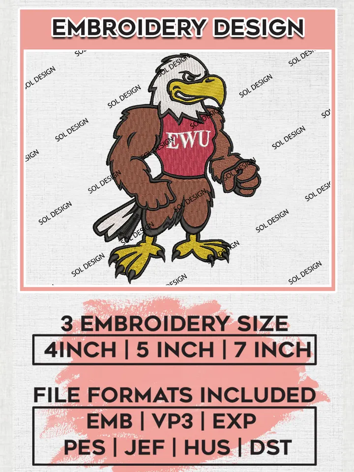 NCAA Eastern Washington Eagles Team Funny Mascot Logo Embroidery Design Files, NCAA Eastern Washington Eagles Machine Embroidery, NCAA Teams, 3 sizes, NCAA Machine embroidery designs, Digital Download