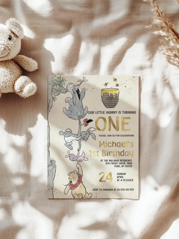 Winnie the Pooh Inspired First Birthday; Classic Winnie Pooh Invitations; Neutral Winnie Pooh Turning One; Winnie Pooh Birthday Party Theme