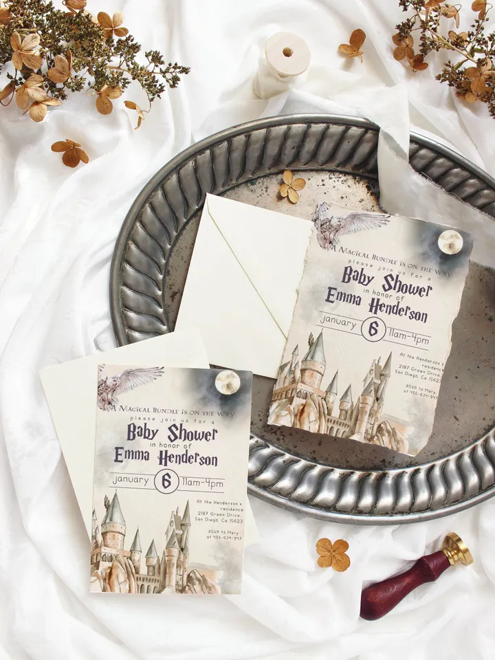 Wizard Baby Shower Invitation; Magic School Baby Schower kit template; A Magical Bundle on the Way; Magic School Invite Pack editable canva