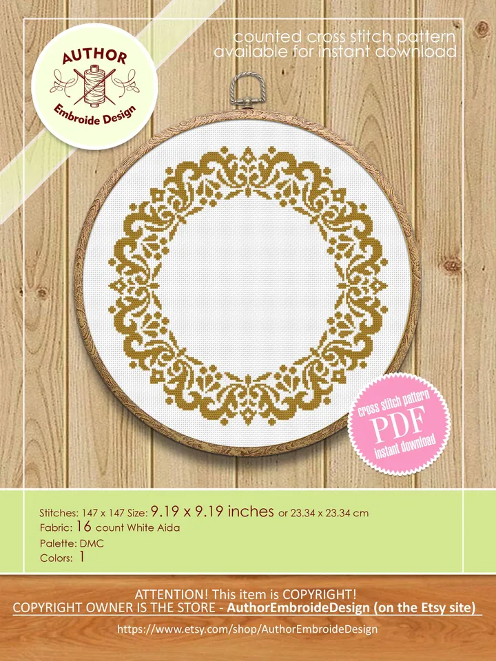 Monogram mandala cross stitch pattern PDF download Round frame cross stitch chart, Mandala wreath pattern digital PDF for beginner #Y11