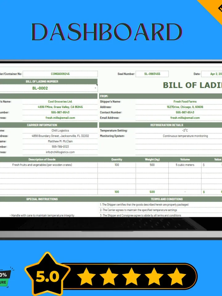 Refrigerated Shipping Bill of Lading Template, Cold Chain BOL Form, Google Sheets Freight Document, Temperature-Controlled Shipment