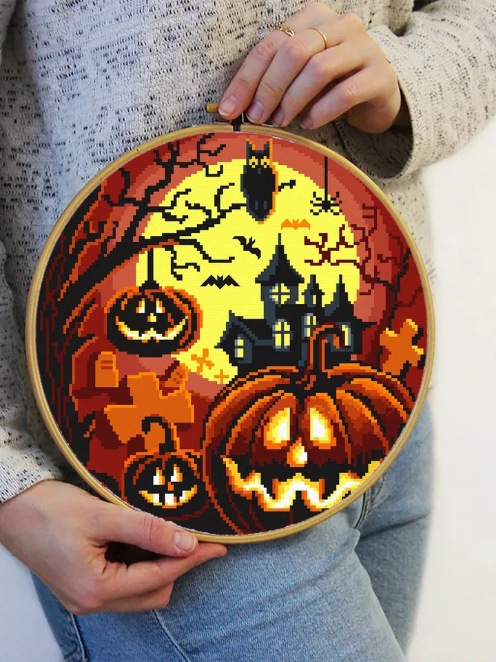 Halloween cross stitch pattern download PDF Spooky cross stitch Halloween moon stitch chart Happy Halloween Magic castle beginner stitch #H1