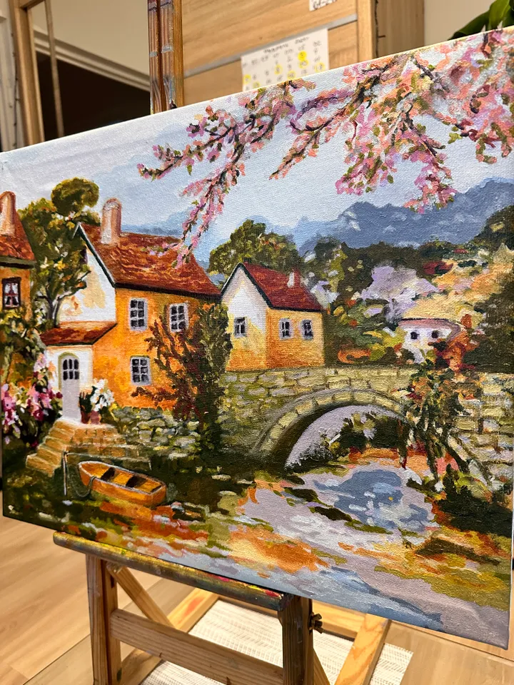 Oil Painting A Quiet Corner of Old Europe Cityscape Old Town River Embankment Stretched Canvas 40x50 cm 16x20 inches Wall Decor Gift for the Occasion