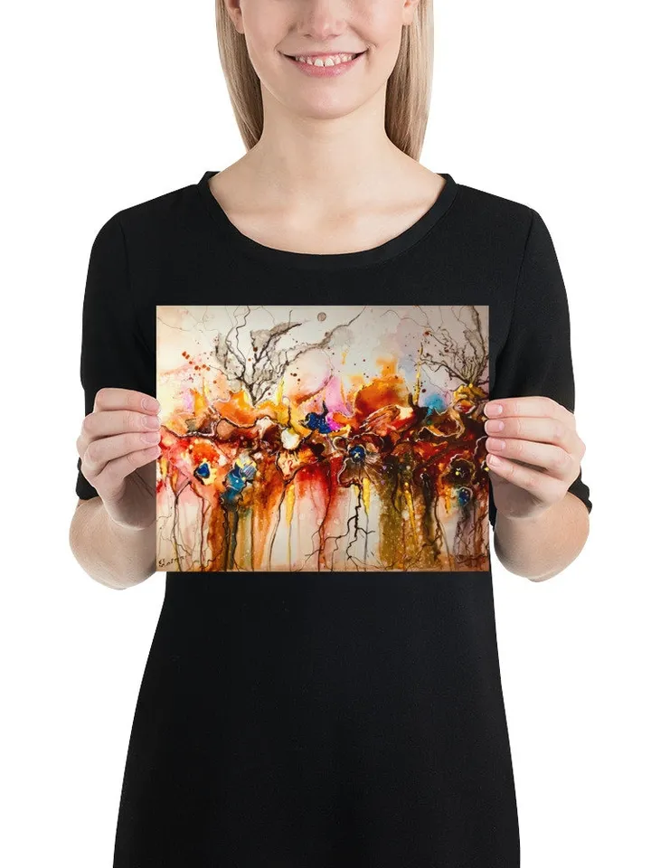 Photo paper poster from my original mix media artwork on yupo paper,colourful floral fantasy wall decoration,unique gift.