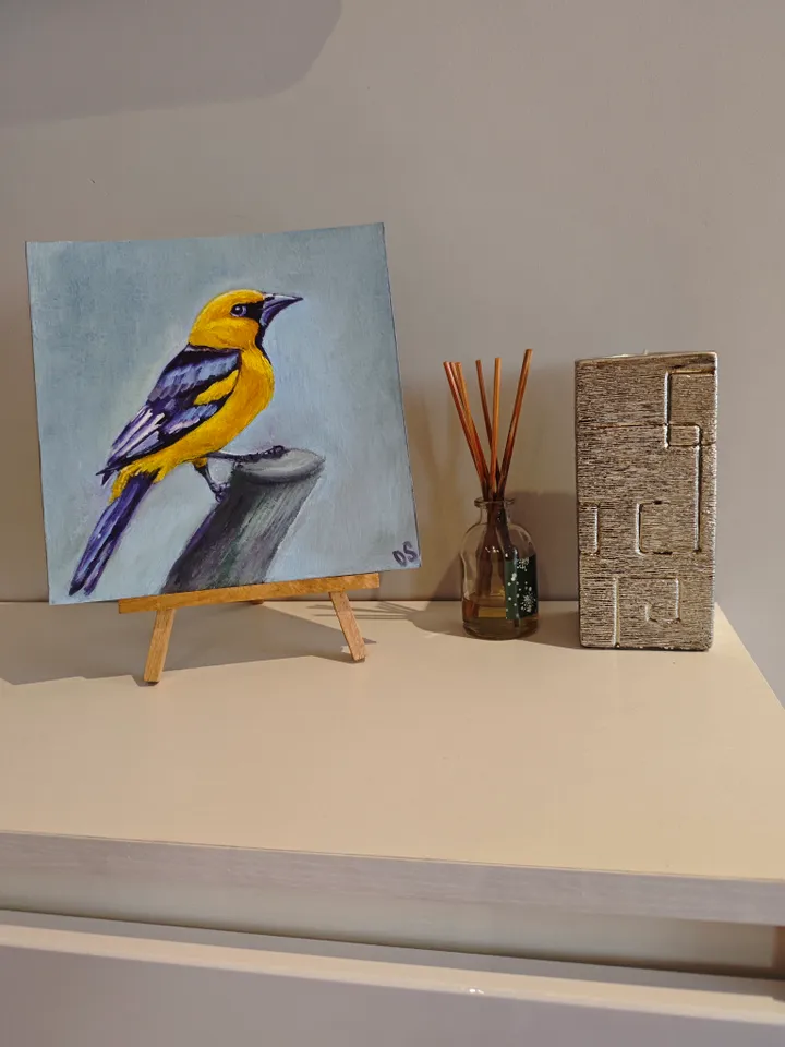 Oriole Bird Original Painting Bird Original Art Animal Modern Artwork Yellow Bird Wall Art Bright Yellow Bird Painting 8x8 inches by OlgaSokolovaArt
