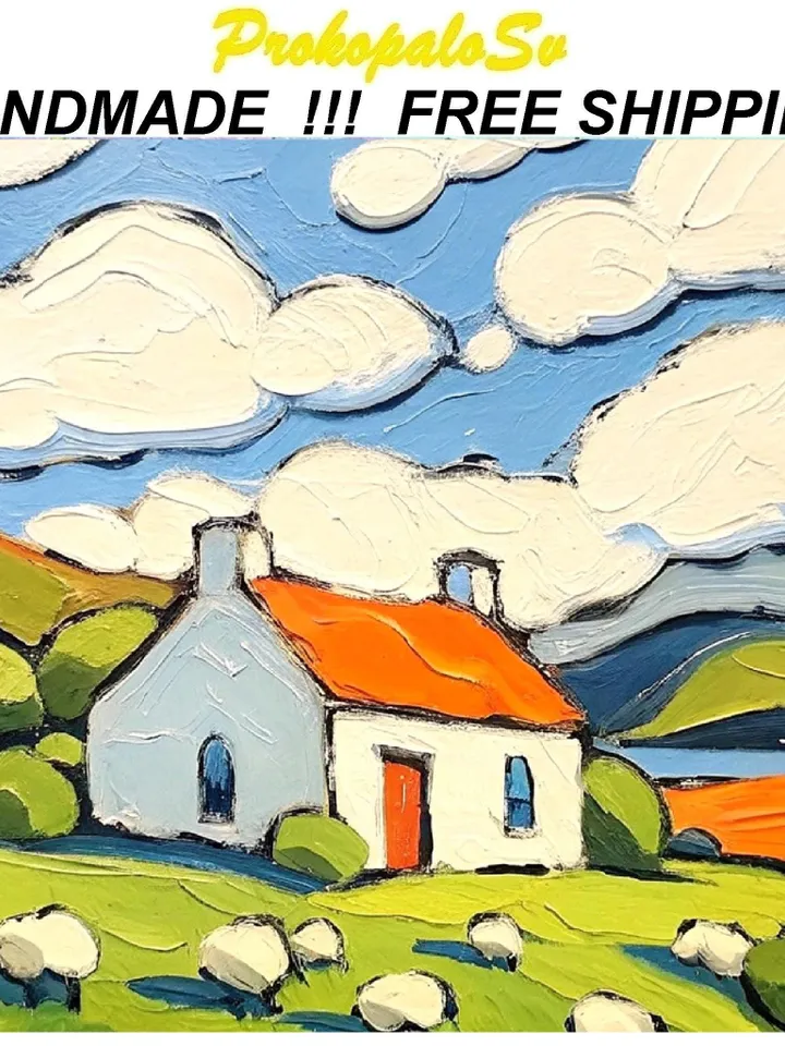 Ireland Painting Irish Cottage Original Art Sheeps Painting Landscape Impasto Oil Painting Farm Impressionist Art Gift by ArtProkopaloSv