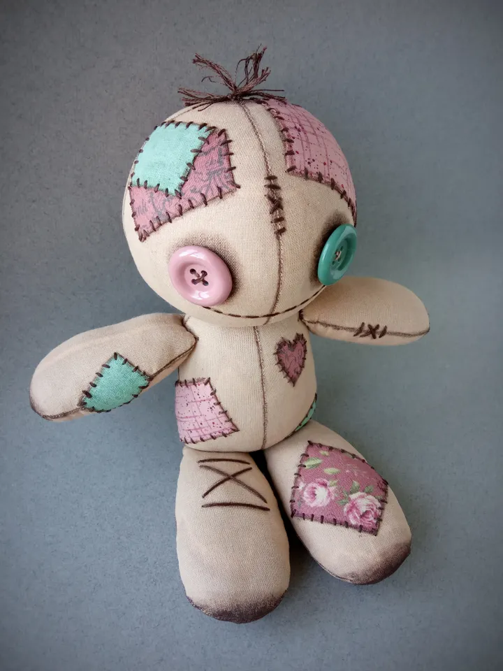 Handmade Doll With Button Eyes - Pink & Green