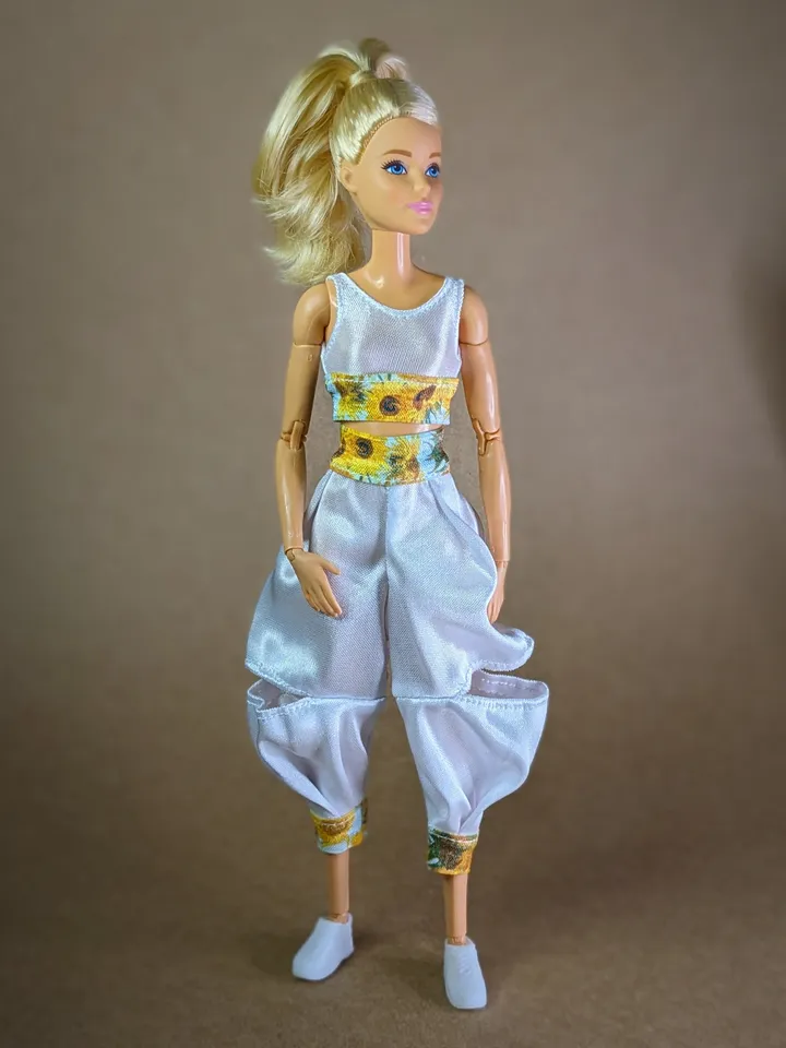 Handmade white & yellow floral print sports set for 1/6 scale fashion female dolls