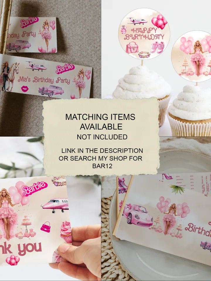Doll straw tag juice label; hot pink doll party birthday editable template; cute doll girl birthday party bar12