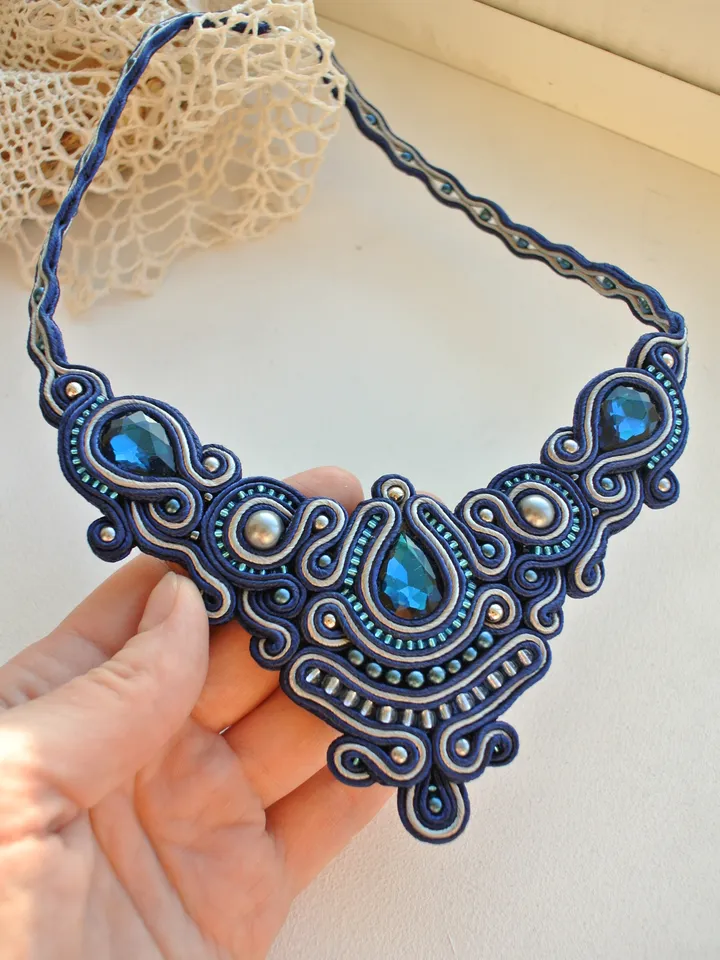 Blue statement necklace, Rhinestone necklace, Soutache embroidered bib necklace