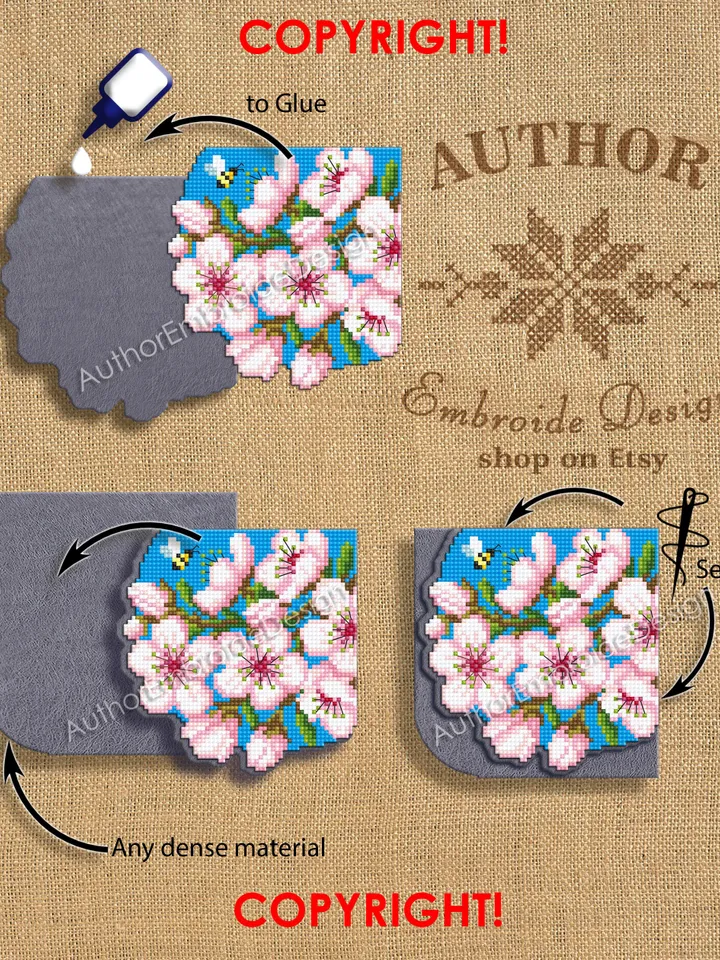 Cherry blossom Corner bookmark cross stitch pattern PDF download Spring flowers cross stitch chart, Sakura bookmark pattern digital #B439
