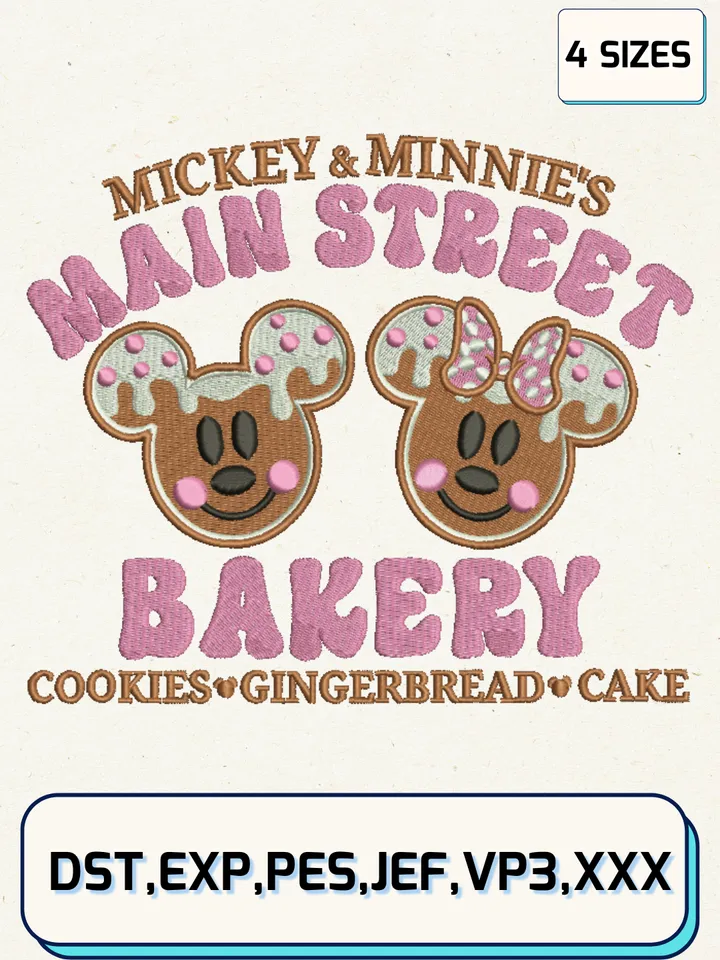 Mickey And Minnie Main Street Bakery Christmas Gingerbread Embroidery Designs,Christmas Embroidery Designs,Machine Embroidery Files,4 Sizes