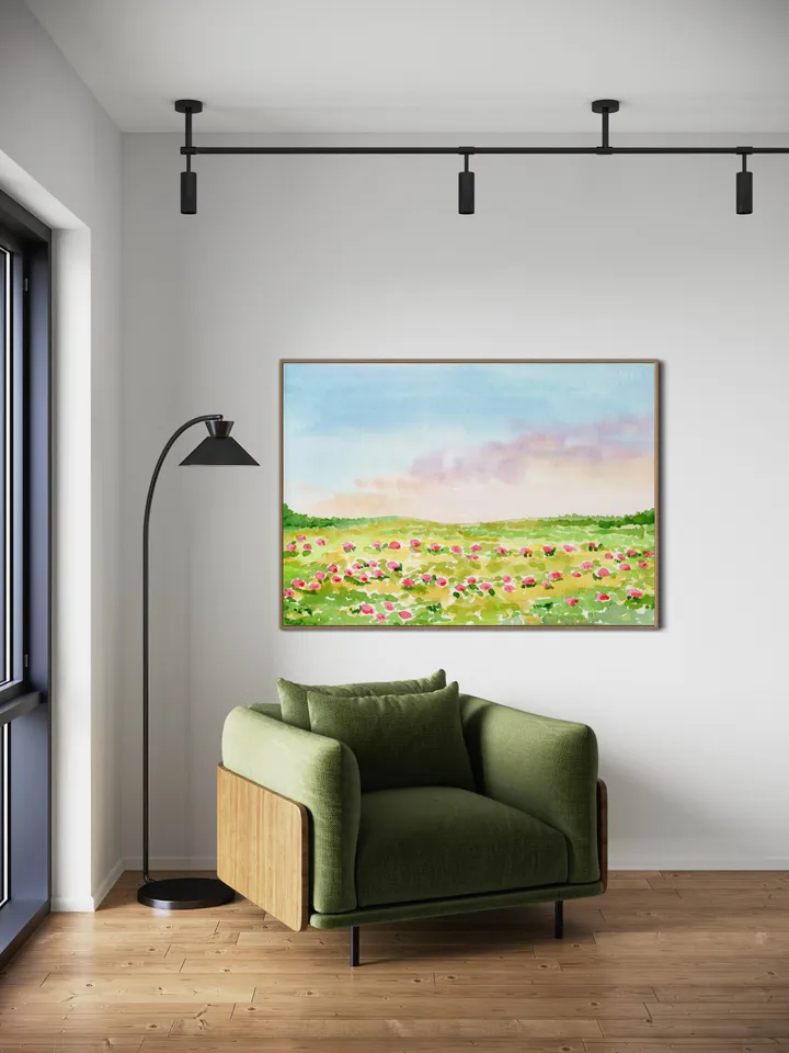 Wildflower Field Landscape, Impressionist Watercolor Painting, Summer Flowers Field, Vintage Decor Print, Meadow Painting, Colorful Flowers