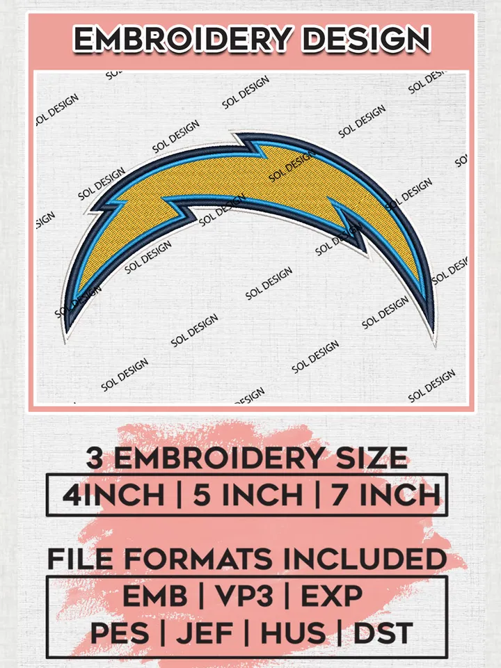 Los Angeles Chargers Logo Embroidery Design Files, NFL Chargers Embroidery Designs, NFL Embroidery Designs, NFL Los Angeles Chargers Machine Embroidery Design, Digital Download