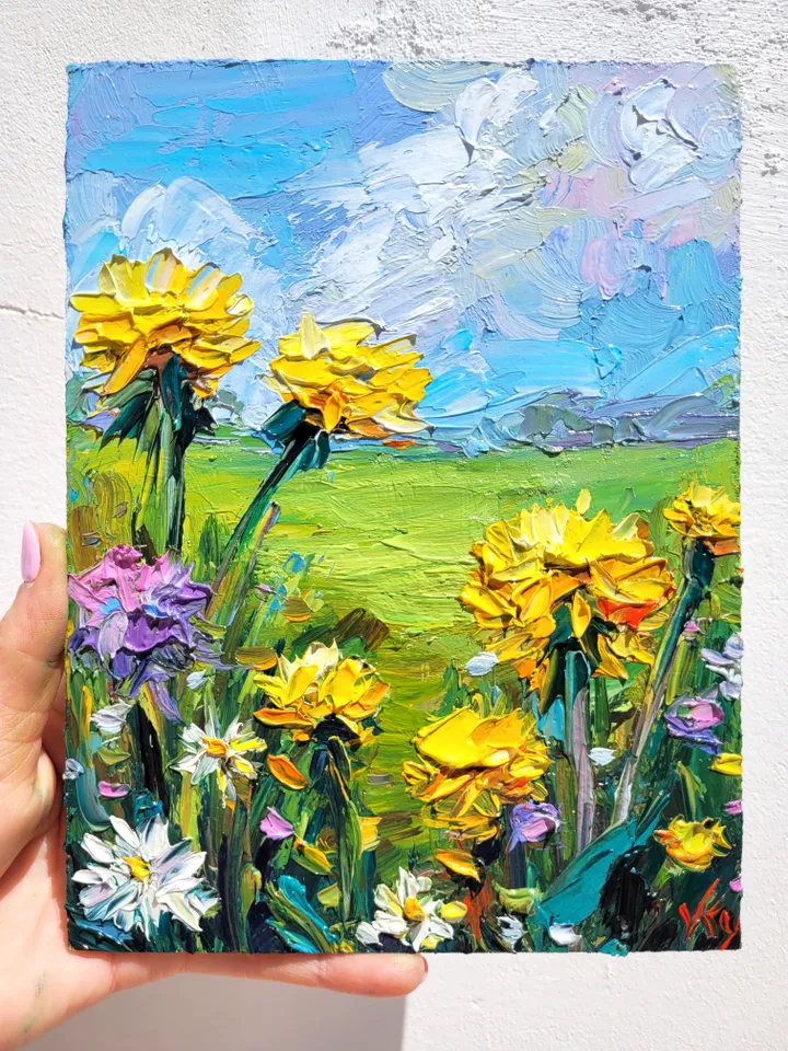 Dandelion Painting Flower Original Art Impasto Painting 6x8 Daisy Wall Art Wildflower Painting Meadow Painting Small Gift by ArtFromVictoria