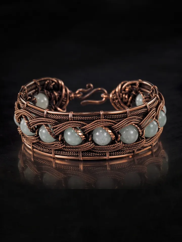 Copper wire wrapped chalcedony bracelet Unique woven copper wire bangle