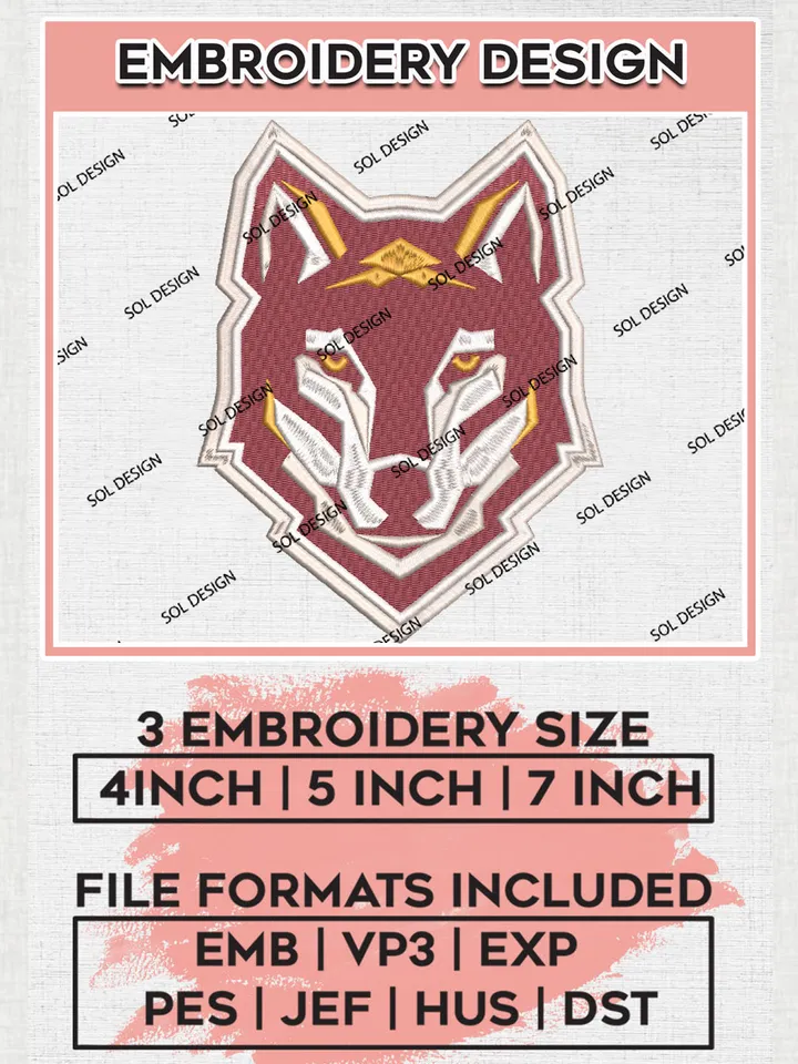 Alvernia Golden Wolves Team Head Mascot Logo Embroidery Design Files, NCAA Alvernia Golden Wolves Machine Embroidery, NCAA Teams, 3 sizes, NCAA Machine embroidery designs, Digital Download