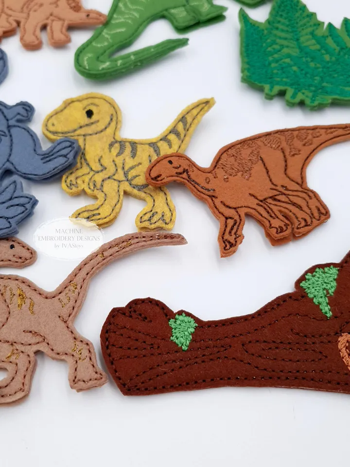 Dinosaur Finger Puppet Machine Embroidery Designs | ITH Dino Felt Toy Pattern Set with Volcano & T-Rex | Quiet Book Storytelling | 5x7 Hoop