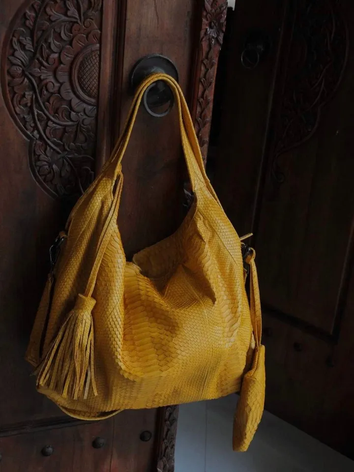 Big Soft Hobo Classy Sport Woman Bag | Purse Genuine Python Skin | Python Skin Products | Yellow Big Elegant Leather Designer Soft Bag Snake