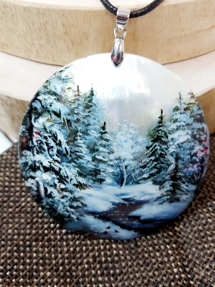 Mother-of-pearl pendant "Winter. River in winter". Miniature on the sink. Hand-painted jewelry. An artistic gift from Fedoskino