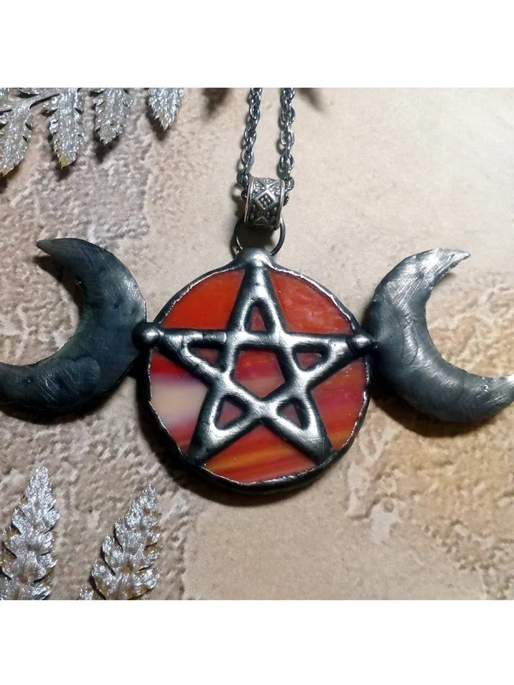 Hecate necklace, Pentacle, Moon Goddess, Stained glass moon, Moon phase necklace, Stainglass crescent, Full moon pendant