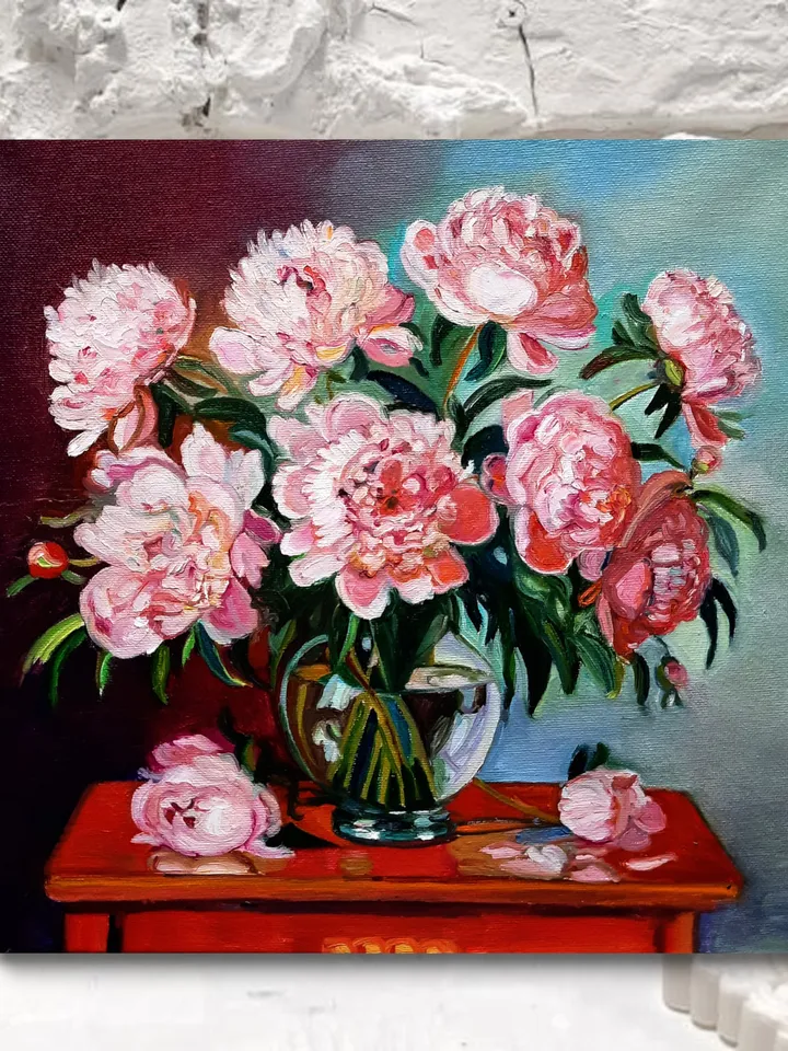 Peonies Art Floral  Original Oil Painting Impasto Oil on Canvas