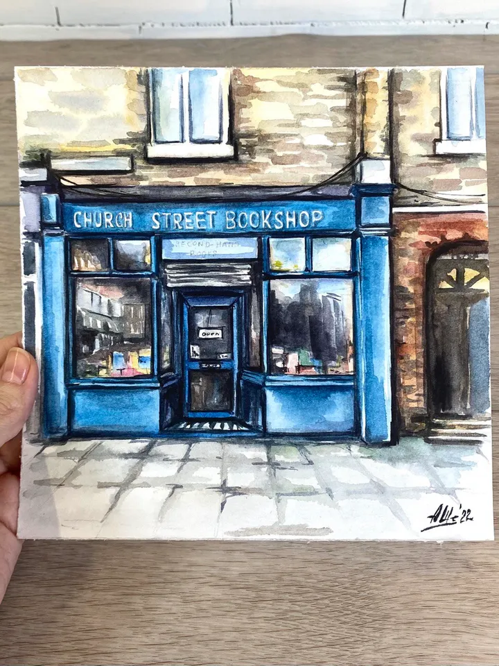 Old bookshop painting Original watercolor painting Cityscape painting House art