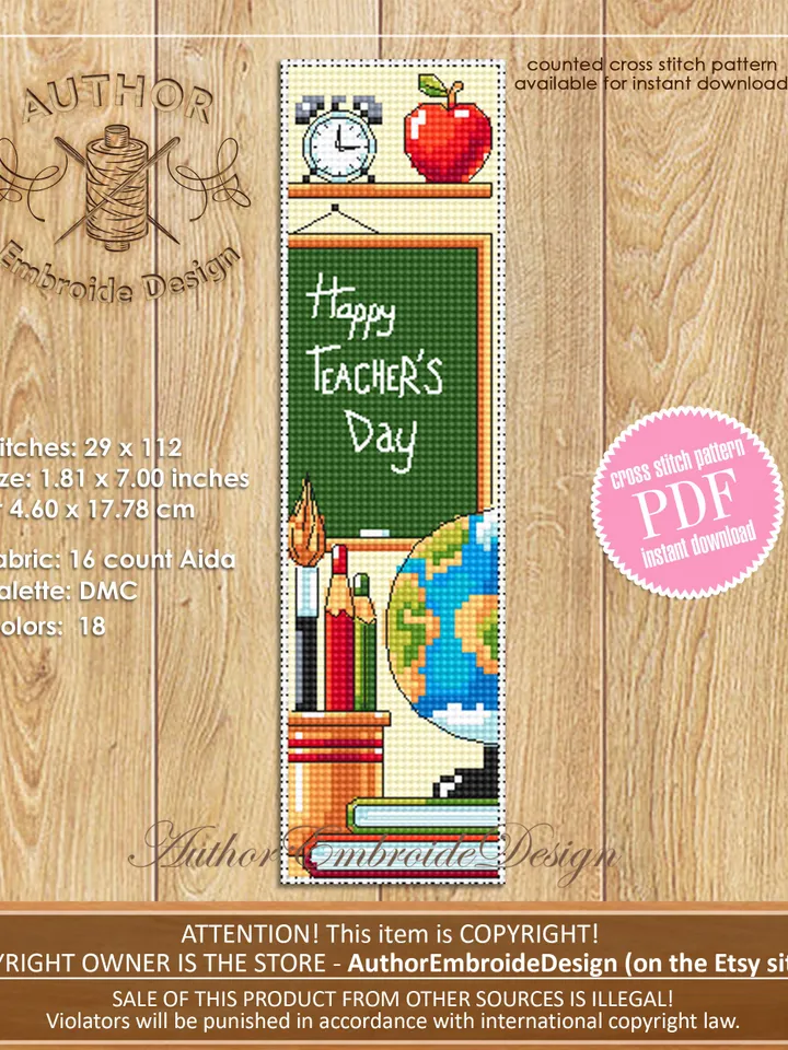 Teacher Bookmark set cross stitch pattern PDF download Best teacher ever, Handmade bookmark pattern digital PDF, Teachers day gift #B354