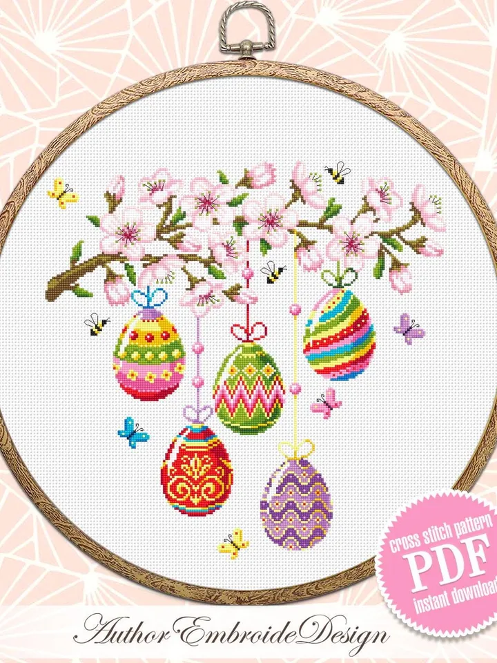 Happy Easter cross stitch pattern PDF download Easter eggs cross stitch chart, Spring pattern digital PDF, Cherry blossoms cross stitch #T45