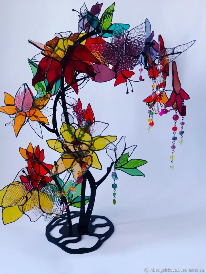 Vertical Flower Branch 3D, 3D Stained Glass Flower Branch, Vertical 3D Floral Stained Glass Branch, 3D Floral Branch in Stained Glass, Vertical Stained Glass Flower Composition in 3D, 3D Stained Glass Blossom Branch, Vertical 3D Flower Design