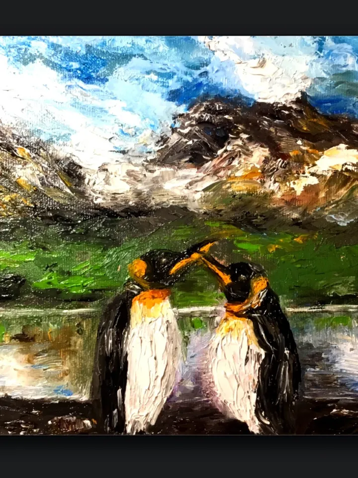 Landscape oil painting.Penguins northern landscape,original oil painting,stretched canvas.