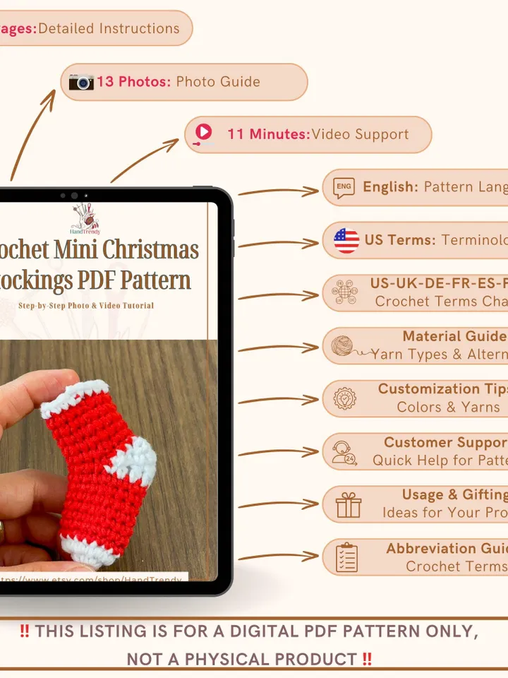 Crochet Mini Christmas Stockings PDF Pattern, DIY Holiday Ornaments, Handmade Festive Stocking Decorations, Cute Crochet Gift Bag Design
