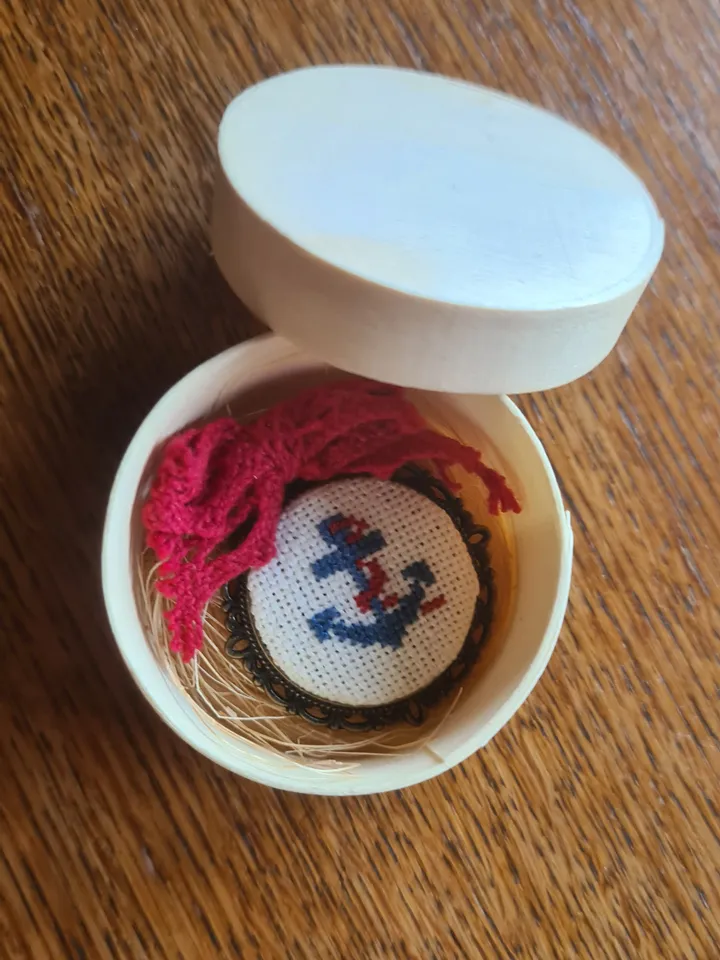 Brooch with embroidery, marine, anchor, petit point, birthday gift, Christmas gift