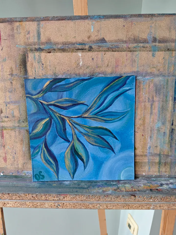 Floral Original Painting Floral Blue Abstract Original Art Blue Leaves Modern Artwork Abstract Blue Floral Oil Painting 8 x 8 inches by OlgaSokolovaArt