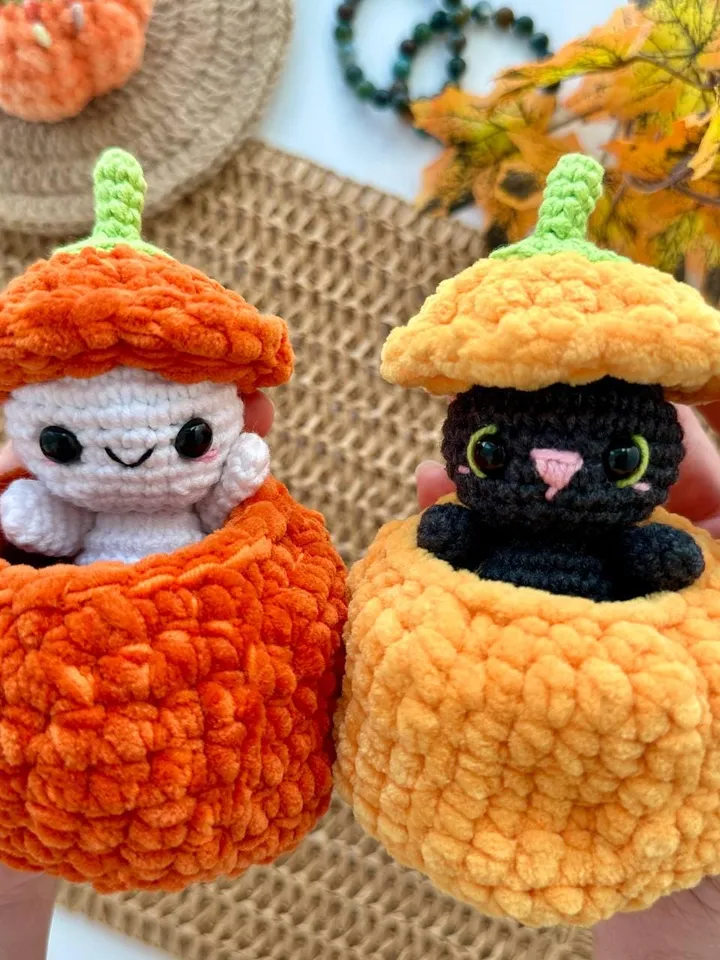 Crochet pattern black cat and ghost in pumpkin - Halloween Amigurumi toy pattern, Plush Pattern English, PDF tutorial - fall gift for baby
