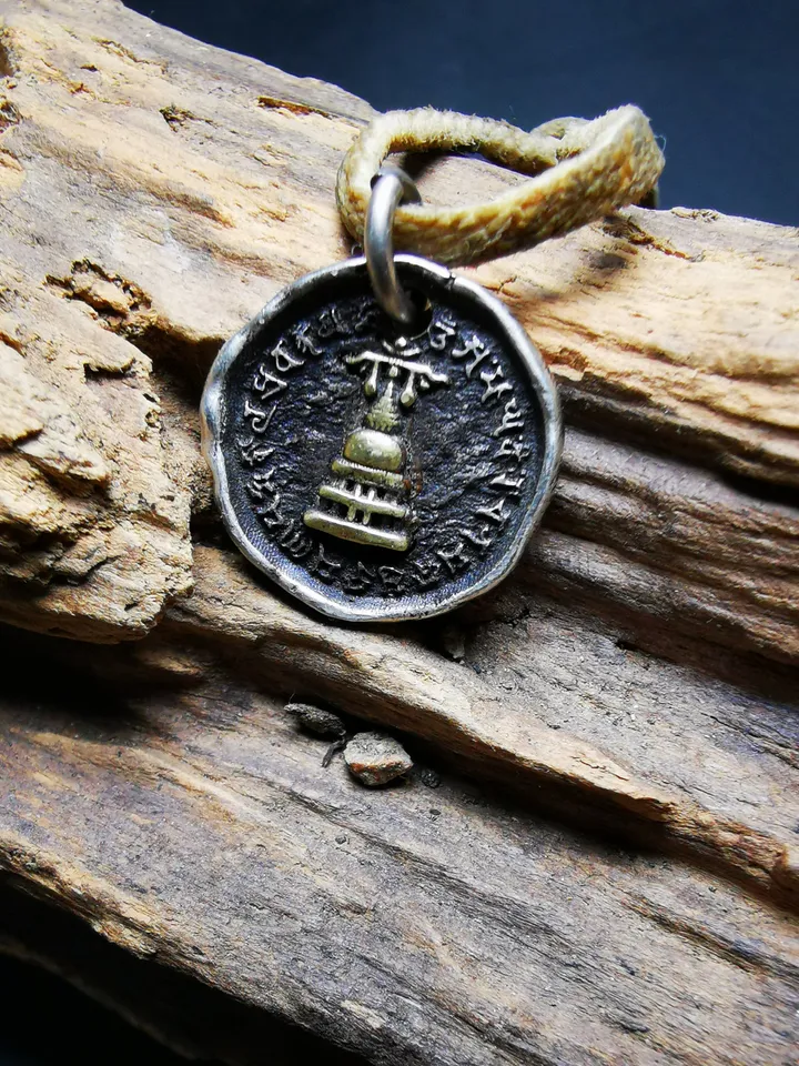 Gandhanra Handmade Tibetan Buddhist Protective Pendant,Stupa,Pagoda,Buddhist Tower Amulet Badge,Sterling silver Gilt