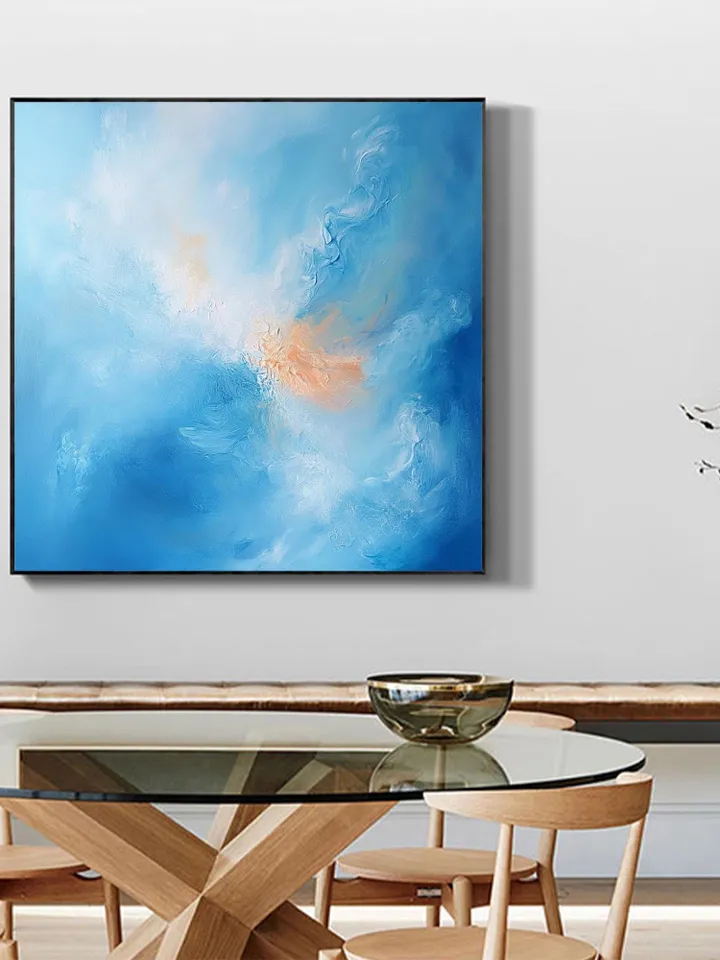 Hand-Painted Abstract Sea Oil Painting on Canvas | Soft Blue and Orange Art | Serene Wall Decor for Living Room or Bedroom | Custom Painting