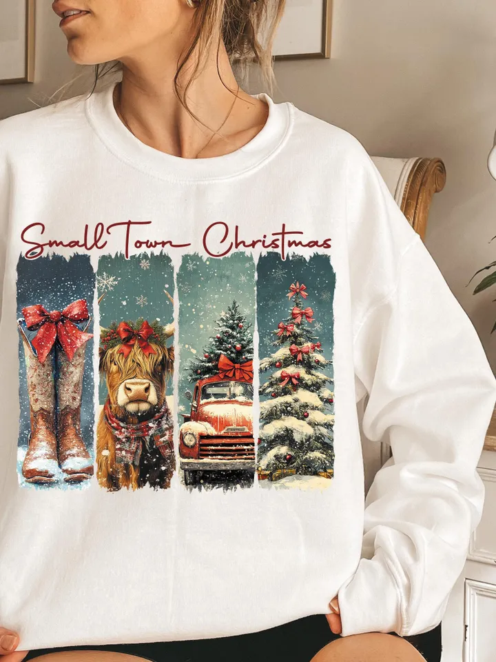 Vintage small town christmas PNG, Cowgirl Png, Small town girl Christmas PNG, highland cow Christmas png, Christmas western png