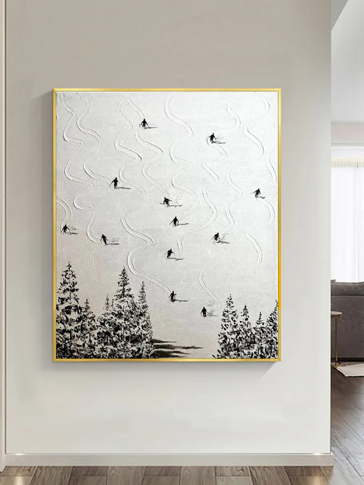 Original Ski Sport Painting on Canvas, Winter Decor, Texture Wall Art, Personalized Gift, Skier on Snowy Mountain Art, White Snow Skiing Art